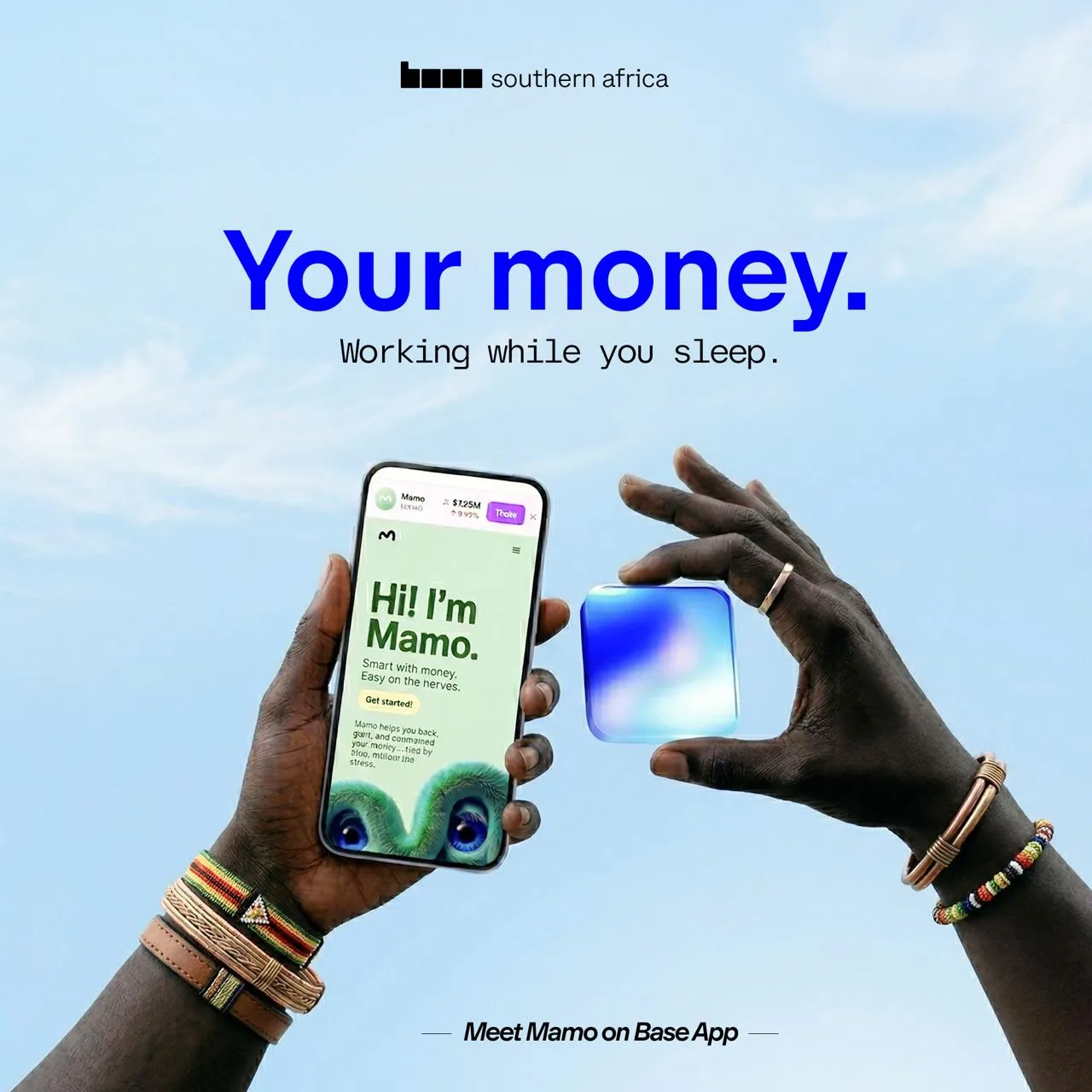 Mamo on Base App campaign visual: “Your money. Working while you sleep.”