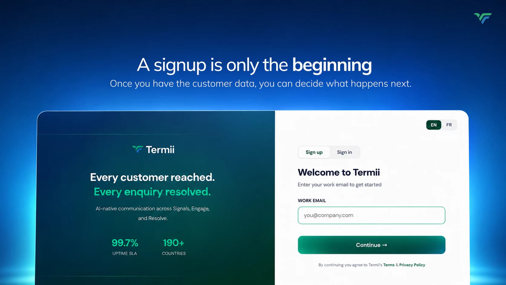 Lifecycle graphic reading “A signup is only the beginning”, above the Termii sign-up screen